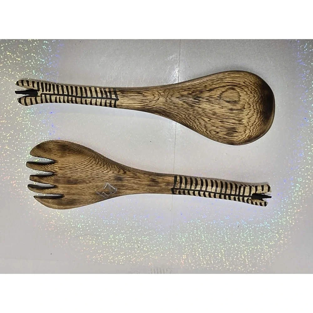 🦓‎ Vintage Hand Carved Zebra Wood Salad Server Set – Rustic Safari 🦓